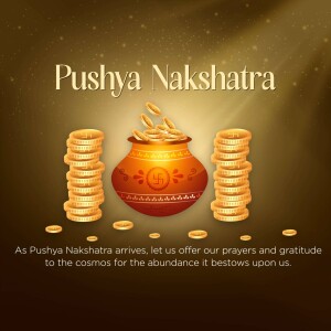 Image depicting Pushya Nakshatra with gold coins and a pot.