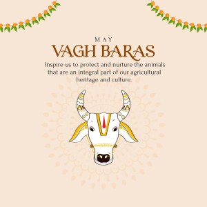 Vagh Baras festival greeting with a decorated cow illustration.