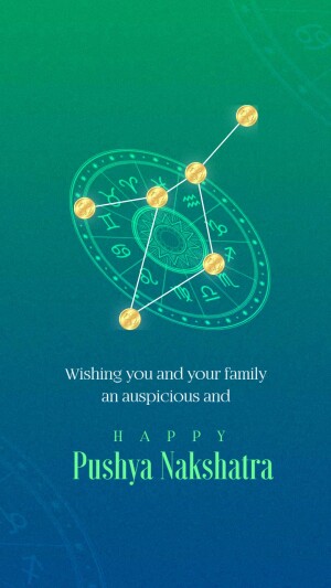Illustration of a zodiac wheel with golden dots connected by lines, with text wishing a happy Pushya Nakshatra.