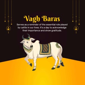Illustration of a decorated cow with the text 'Vagh Baras' and a message about gratitude for cattle.