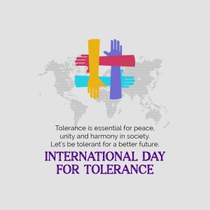 Hands of different colors forming a cross over a world map with text promoting tolerance.