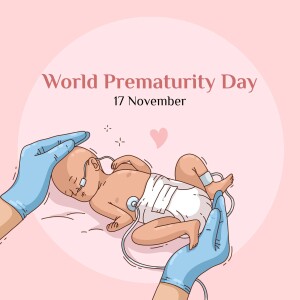 Illustration of hands cradling a premature baby with medical equipment.