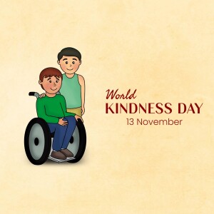 Illustration of two boys, one in a wheelchair, celebrating World Kindness Day.