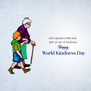 Illustration of a boy helping an elderly woman walk with a cane, celebrating World Kindness Day.