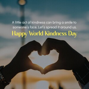 Hands forming a heart shape with a sunset background and text celebrating World Kindness Day.