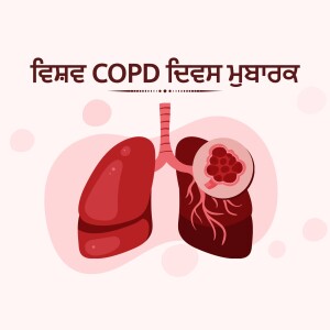 Illustration depicting lungs affected by COPD with text in Punjabi and Hindi.