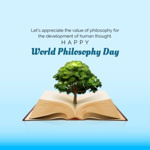 Image depicting an open book with a tree growing from it, celebrating World Philosophy Day.