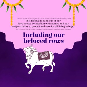 Image depicting a decorated cow with a message about protecting all living beings, especially cows, for Gopashtami.