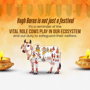 Image depicting a cow with illustrations representing the importance of cows in the ecosystem and culture, with a Vagh Baras message.