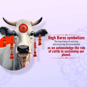 Image of a decorated cow with text about Vagh Baras and environmental sustainability.