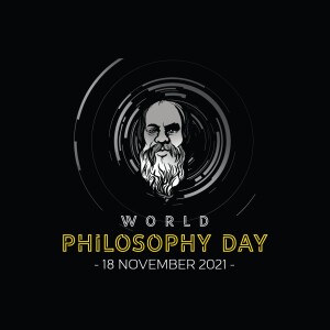 Illustration of a philosopher's portrait with concentric circles and text 'World Philosophy Day - 18 November 2021'
