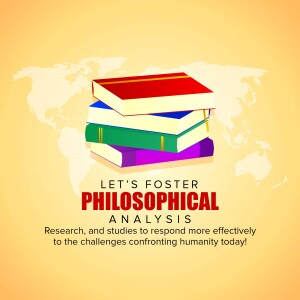 Stack of books with a world map background and text promoting philosophical analysis.