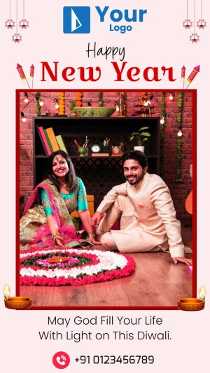 Couple celebrating Diwali with a Rangoli and festive decorations