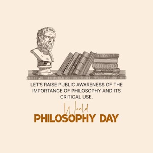 Illustration of a bust of a philosopher with books and text celebrating Philosophy Day.