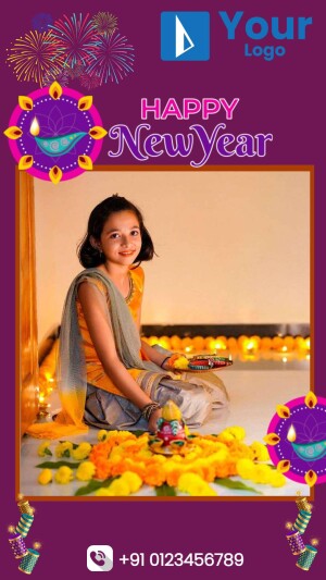 A girl celebrating New Year with traditional decorations and lighting.