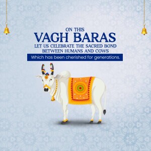 Illustration of a decorated cow with text 'Vagh Baras' and a message about the bond between humans and cows.