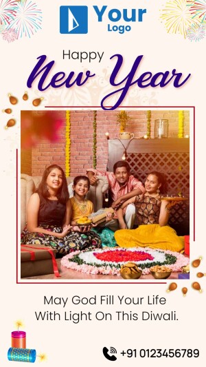 Family celebrating New Year and Diwali with lights and decorations