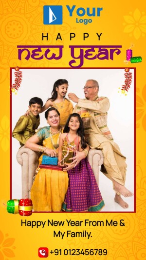 Family celebrating New Year with gifts and traditional attire