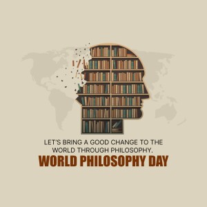 Illustration of a head filled with bookshelves representing knowledge and philosophy, with a world map in the background.