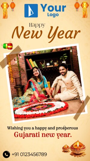 Happy New Year greeting with a family celebrating and traditional decorations.