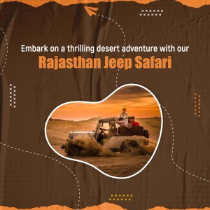 Jeep safari in the Rajasthan desert with a silhouette of a jeep and passengers.