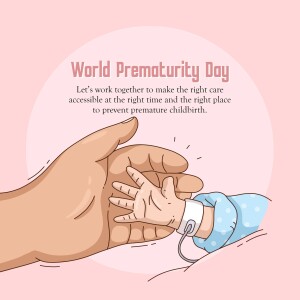 Illustration of a parent's hand holding a premature baby's hand with a medical monitor attached.