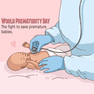 Illustration depicting a doctor examining a premature baby with a stethoscope, with text 'World Prematurity Day - The fight to save premature babies.'