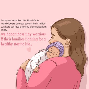 Illustration of a mother holding a premature baby in a knitted hat.