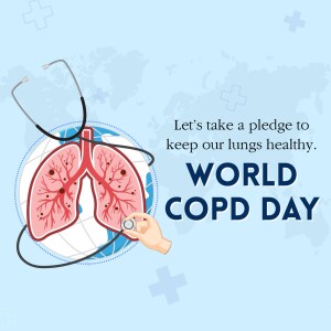 Illustration of lungs with a stethoscope and a hand pressing a button on a globe, promoting World COPD Day.