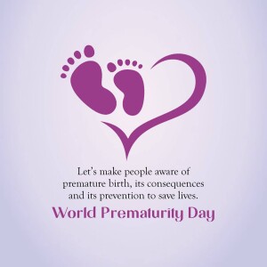 Purple baby footprints and heart with text promoting World Prematurity Day