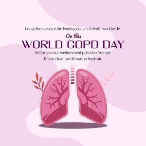 Illustration of lungs with text promoting World COPD Day and clean air.