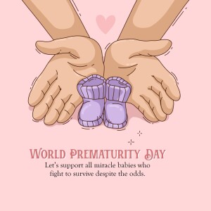 Illustration of hands holding baby booties with a heart above, promoting World Prematurity Day.
