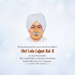 Portrait of Shri Lala Lajpat Rai Ji with text commemorating his Punyathithi