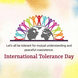 Illustration of people holding hands around the globe with text promoting tolerance and peaceful coexistence.