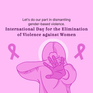 Illustration of a person with a hand stopping violence, with pink ribbons, for International Day for the Elimination of Violence against Women.