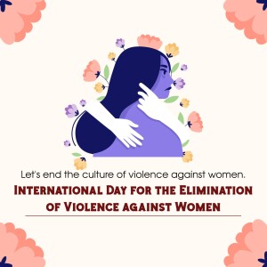 Illustration of a woman being embraced with text promoting the elimination of violence against women.