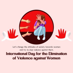 Illustration depicting a woman shielding herself from reaching hands, symbolizing violence against women. Pink ribbons and text promoting the International Day for the Elimination of Violence Against Women.