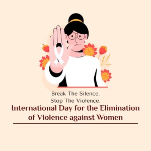 Illustration of a woman with a stop sign gesture and a white ribbon, promoting awareness for the International Day for the Elimination of Violence against Women.