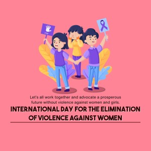 Illustration of children holding hands with a purple ribbon symbolizing support for ending violence against women.
