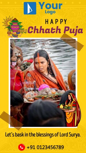 Chhath Puja celebration with a woman offering prayers to the sun god