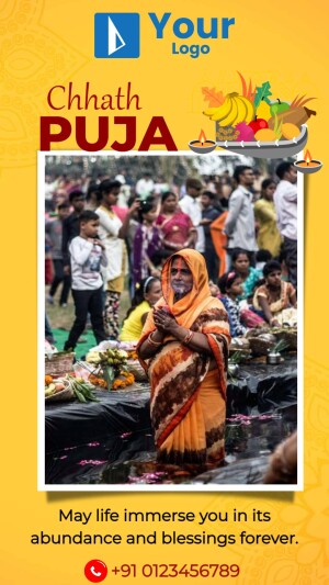 A woman offering prayers during Chhath Puja with a crowd and offerings in the background.