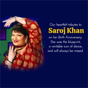 Image of Saroj Khan with text commemorating her birthday