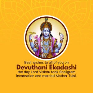 Image depicting Lord Vishnu and text wishing 'Best wishes to all of you on Devuthani Ekadashi'