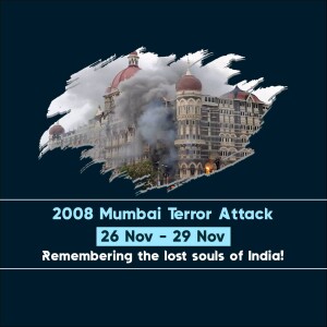 Image depicting the Taj Mahal Palace Hotel during the 2008 Mumbai attacks with text commemorating the event.