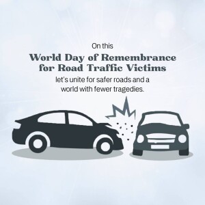 Illustration of a car crash with text commemorating the World Day of Remembrance for Road Traffic Victims.