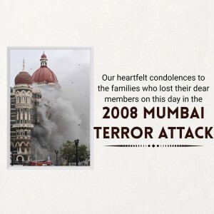 Image depicting the Taj Mahal Palace Hotel during the 2008 Mumbai attacks with a memorial message.
