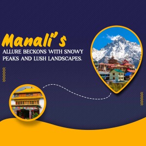 Scenic view of Manali with snow-capped mountains and a monastery.