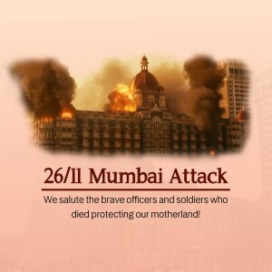 Image depicting the Taj Mahal Palace Hotel during the 26/11 Mumbai attacks with text commemorating the event.