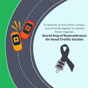 Illustration of a car crash with a black ribbon, commemorating road traffic victims.
