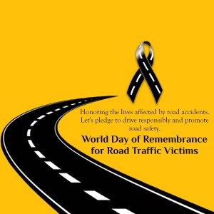 Yellow background with a black ribbon and road illustration for World Day of Remembrance for Road Traffic Victims.